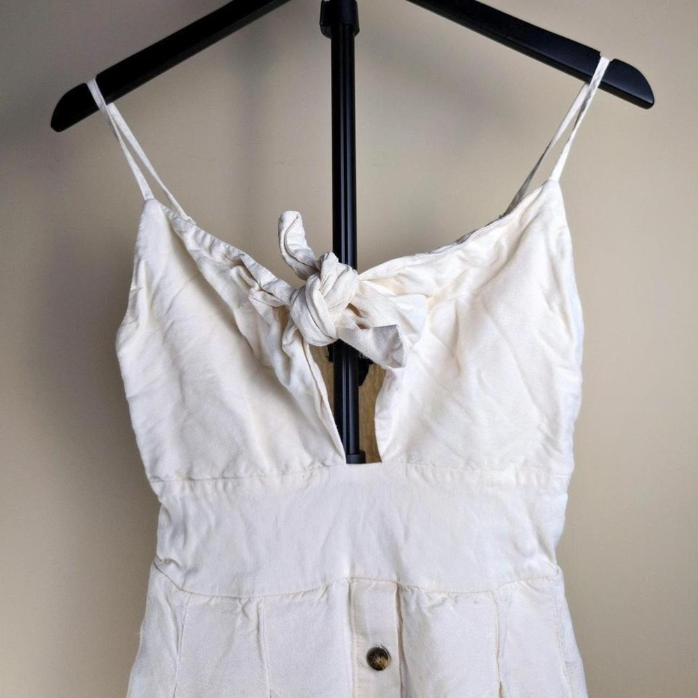 Linen Blend Tie Front Cream Smocked Dress with Pockets and Button Detail XS - Picture 3 of 6